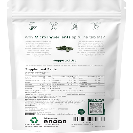Organic spirulina tablets 720 count plant based protein chlorophyll