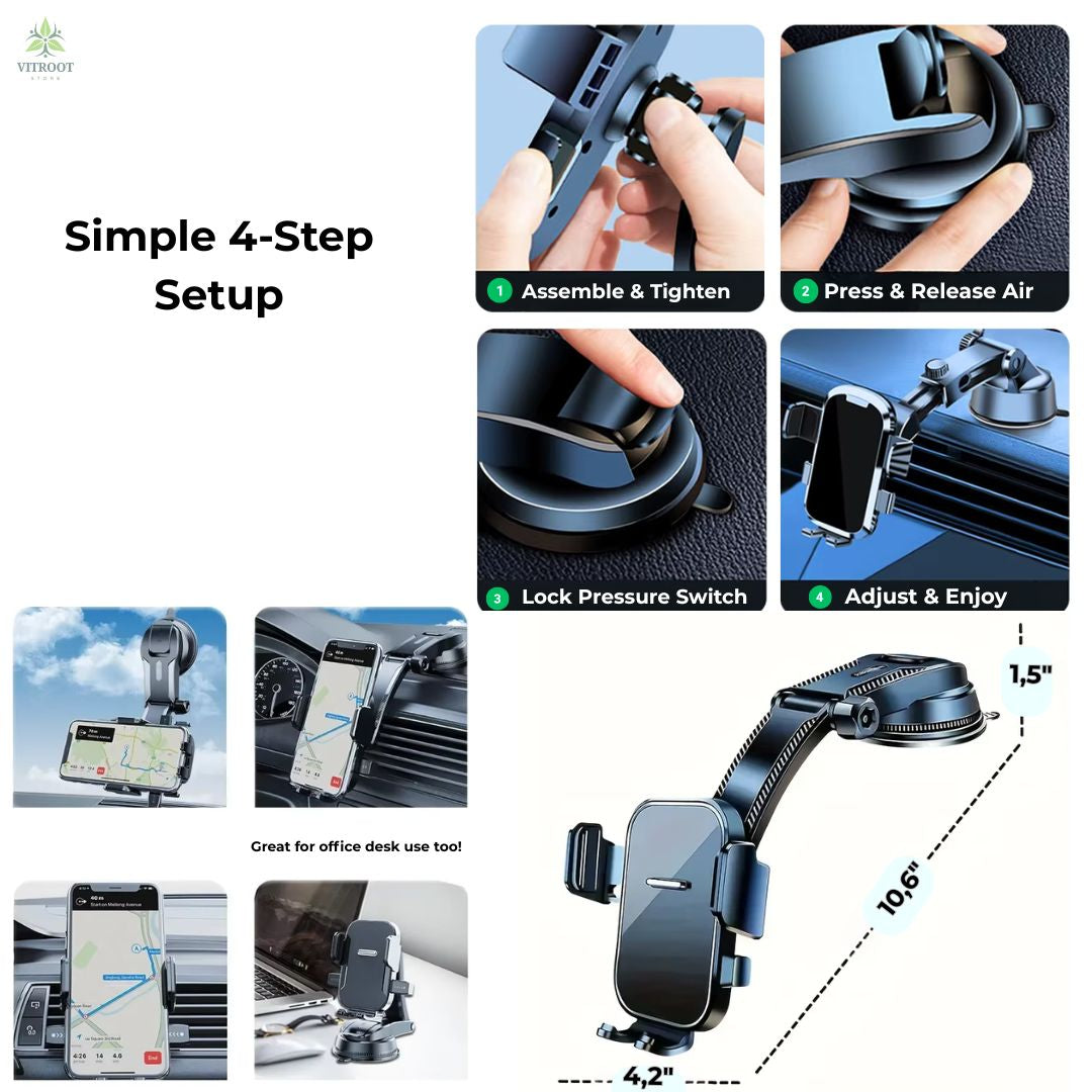 Easy 4-step installation guide for Vitroot dashboard car phone holder with telescopic arm dimensions.