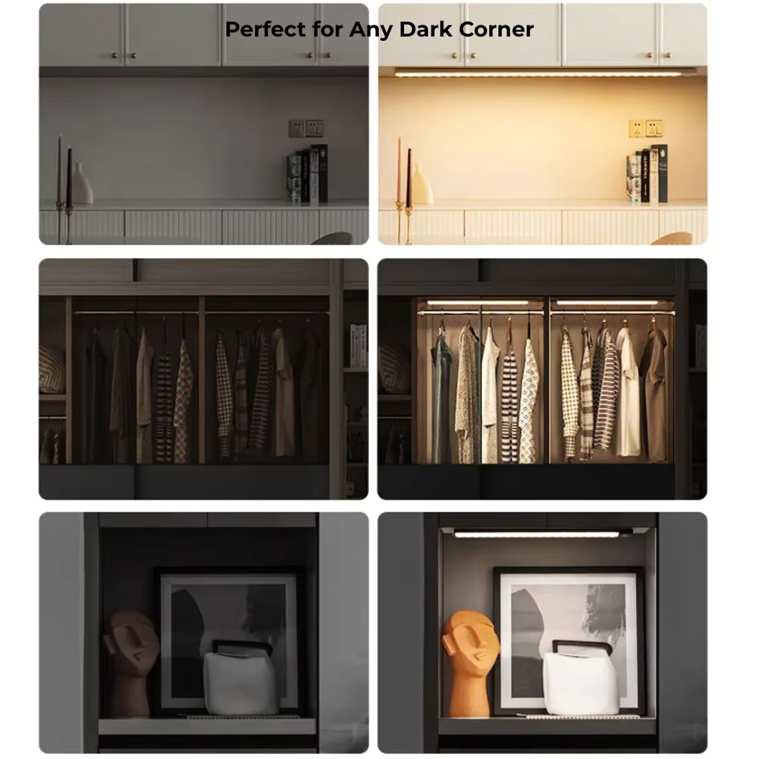Vitroot MotionGlow XL led lighting for closet, wardrobe, and kitchen cabinets.
