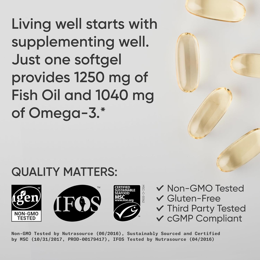 Triple Strength Omega 3 Fish Oil - Burpless Fish Oil Supplement W/Epa & DHA Fatty Acids from Single-Source Wild Alaskan Pollock - 1250 Mg, 90 Ct