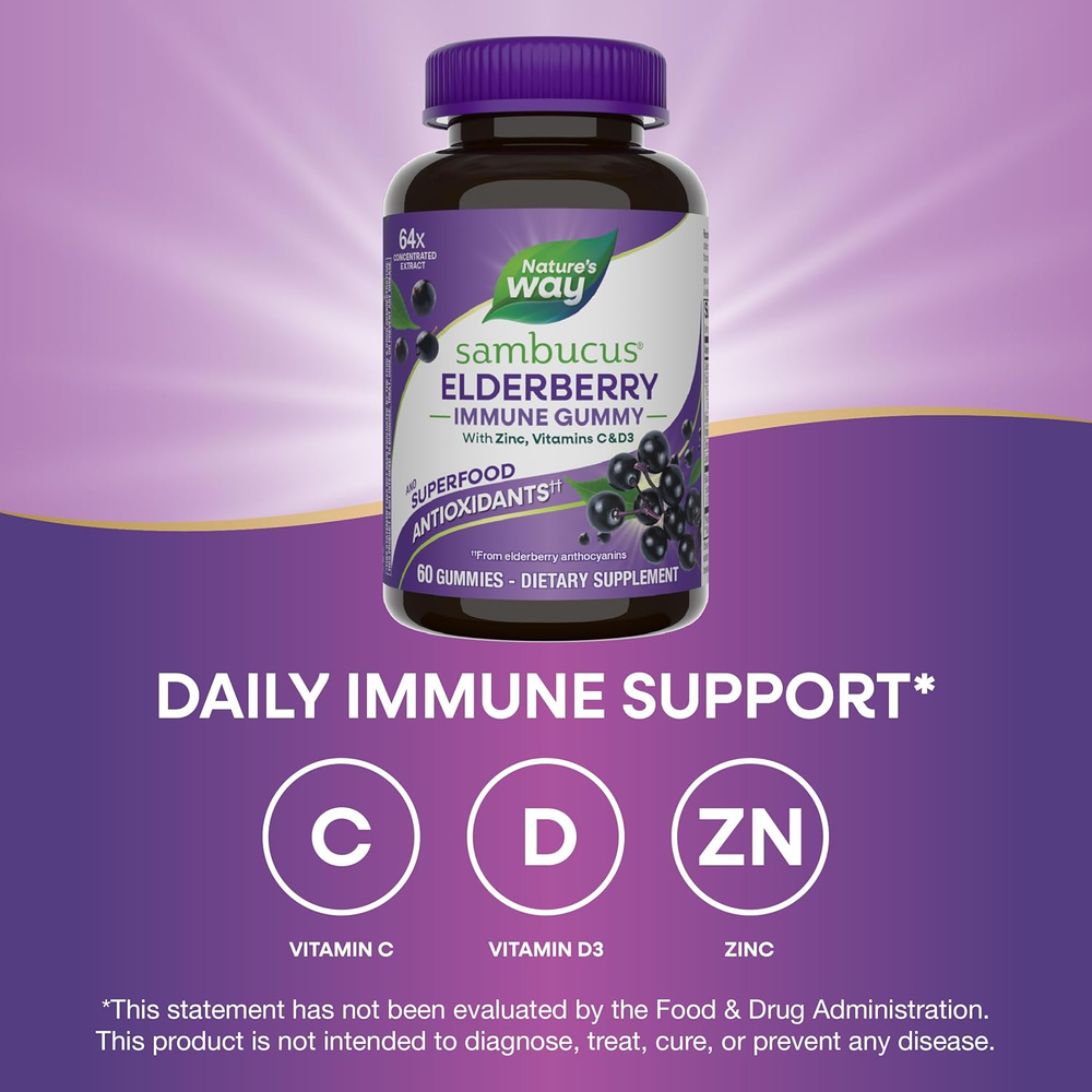 Sambucus Elderberry Immune Support Gummies for Kids & Adults* with Black Elderberry Extract, Vitamin C, Vitamin D3, and Zinc, 60 Gummies 