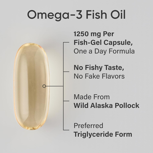 Triple Strength Omega 3 Fish Oil - Burpless Fish Oil Supplement W/Epa & DHA Fatty Acids from Single-Source Wild Alaskan Pollock - 1250 Mg, 90 Ct
