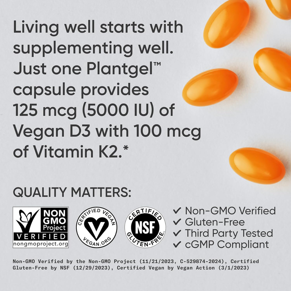 ® Vitamin D3 + K2 W/ Coconut Oil - Vegan Vitamin D 5000Iu & Mk7 Vitamin K 100Mcg for Bone & Immune Support - Vegan Certified · Non-Gmo · Soy Free - 60 Softgels