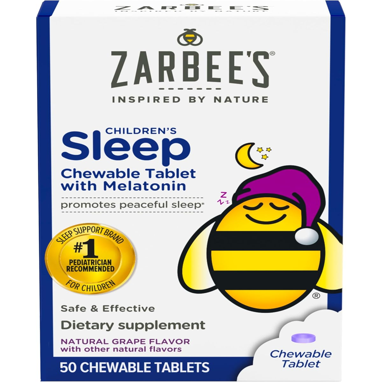 Zarbee’S Kids Melatonin Sleep Aid Chewable Tablets, 1 Mg, Drug & Alcohol-Free, Non-Habit Forming, Natural Grape Flavor, No Artificial Sweeteners or Dyes, Gluten Free, Ages 3+, 50 Ct Bottle