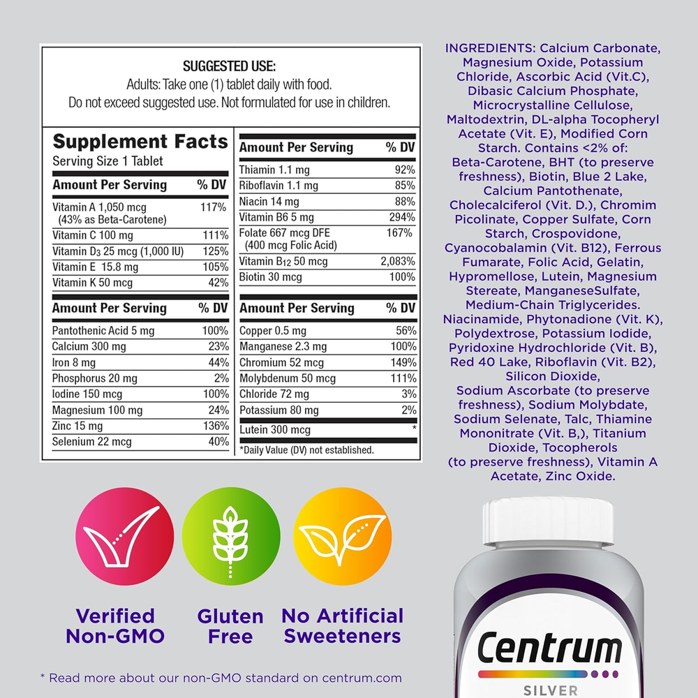 Silver Women'S Multivitamin for Women 50 Plus, Multivitamin/Multimineral Supplement with Vitamin D3, B Vitamins, Non-Gmo Ingredients, Supports Memory and Cognition in Older Adults - 200 Ct