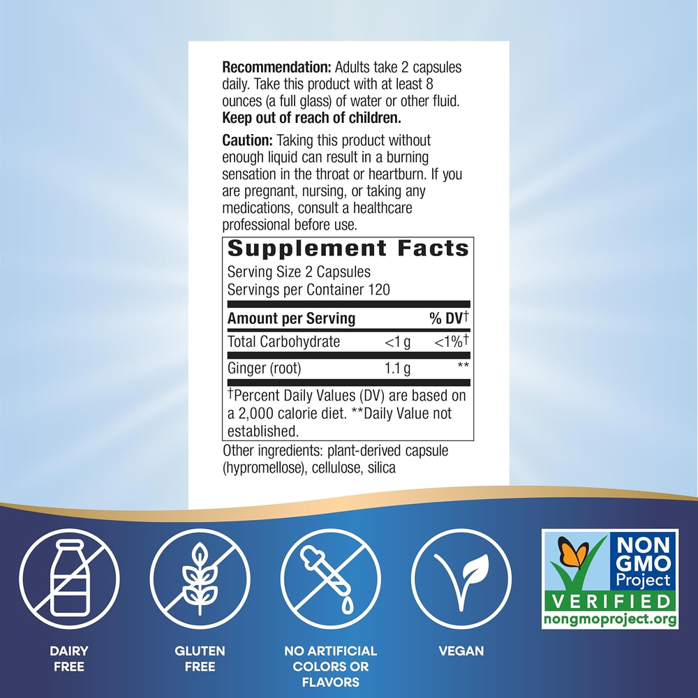 Ginger Root Capsules 550 Mg per Capsule, Digestive Comfort* Reduces Motion-Related Nausea*, 1,100 Mg per 2 Capsules, Non-Gmo Project Verified, Vegan, 240 Count