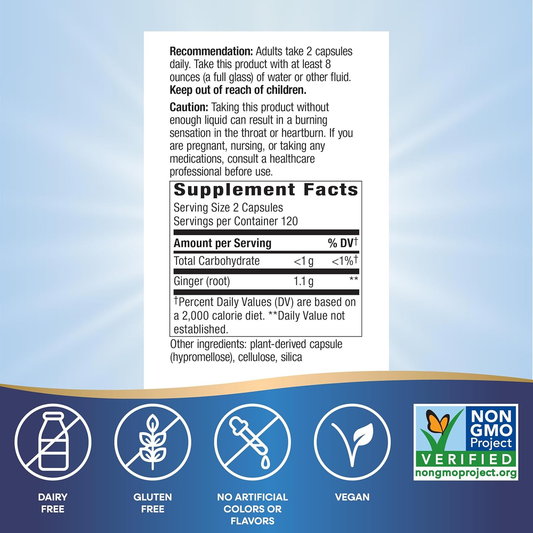 Ginger Root Capsules 550 Mg per Capsule, Digestive Comfort* Reduces Motion-Related Nausea*, 1,100 Mg per 2 Capsules, Non-Gmo Project Verified, Vegan, 240 Count