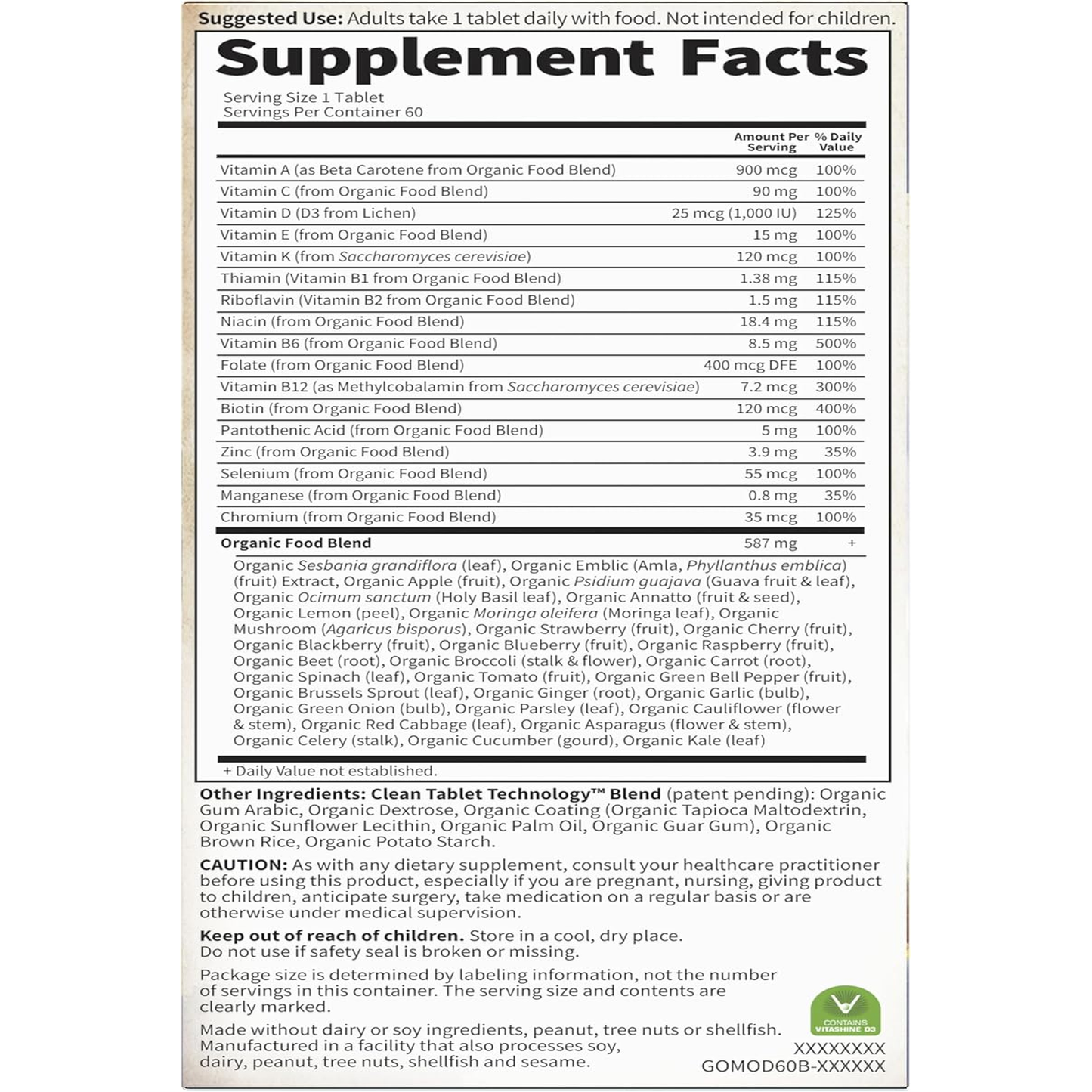 Once Daily Whole Food Multivitamin for Men, Organic Mens Vitamins & Minerals, Vitamin C, Zinc, Vegan, for Health & Well-Being, 60 Tablets