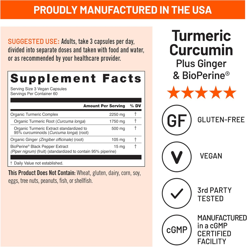 Curcumin Turmeric 2250Mg - 95% Curcuminoids & Bioperine Black Pepper Extract for Advanced Absorption - Daily Joint and Immune Health Support - Vegan, Non-Gmo, 180 Count[60-Day Supply]