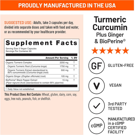 Curcumin Turmeric 2250Mg - 95% Curcuminoids & Bioperine Black Pepper Extract for Advanced Absorption - Daily Joint and Immune Health Support - Vegan, Non-Gmo, 180 Count[60-Day Supply]