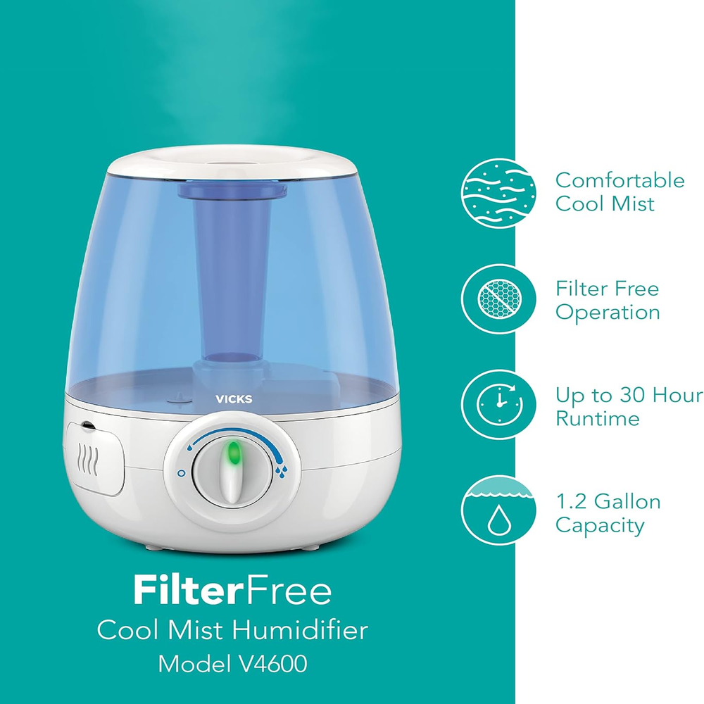 Filter-Free Ultrasonic Humidifier. #1 Brand Recommended by Pediatricians*. 1.2 Gal Ultrasonic Cool Mist Humidifier for Medium to Large Bedrooms, Kids Rooms, and More. Use with  Vapopads.