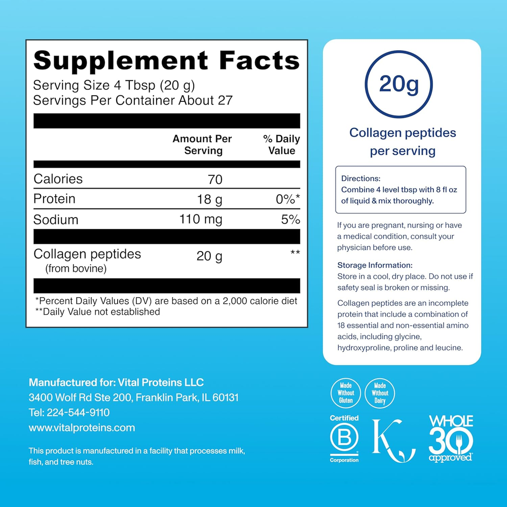 Collagen Peptides Powder - Grass Fed Collagen Peptides for Hair, Nail, Skin, Bone & Joint Health, Unflavored, 27 Servings