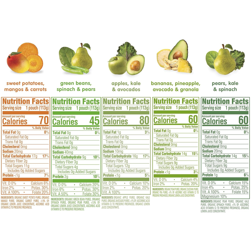 Organics Stage 2 Baby Food Pouches, Gluten Free, Vegan & Healthy Snack, Clearly Crafted Fruit & Veggie Puree, Fruit & Veggie Variety Pack, 4 Ounces (Pack of 10), Amazon Exclusive