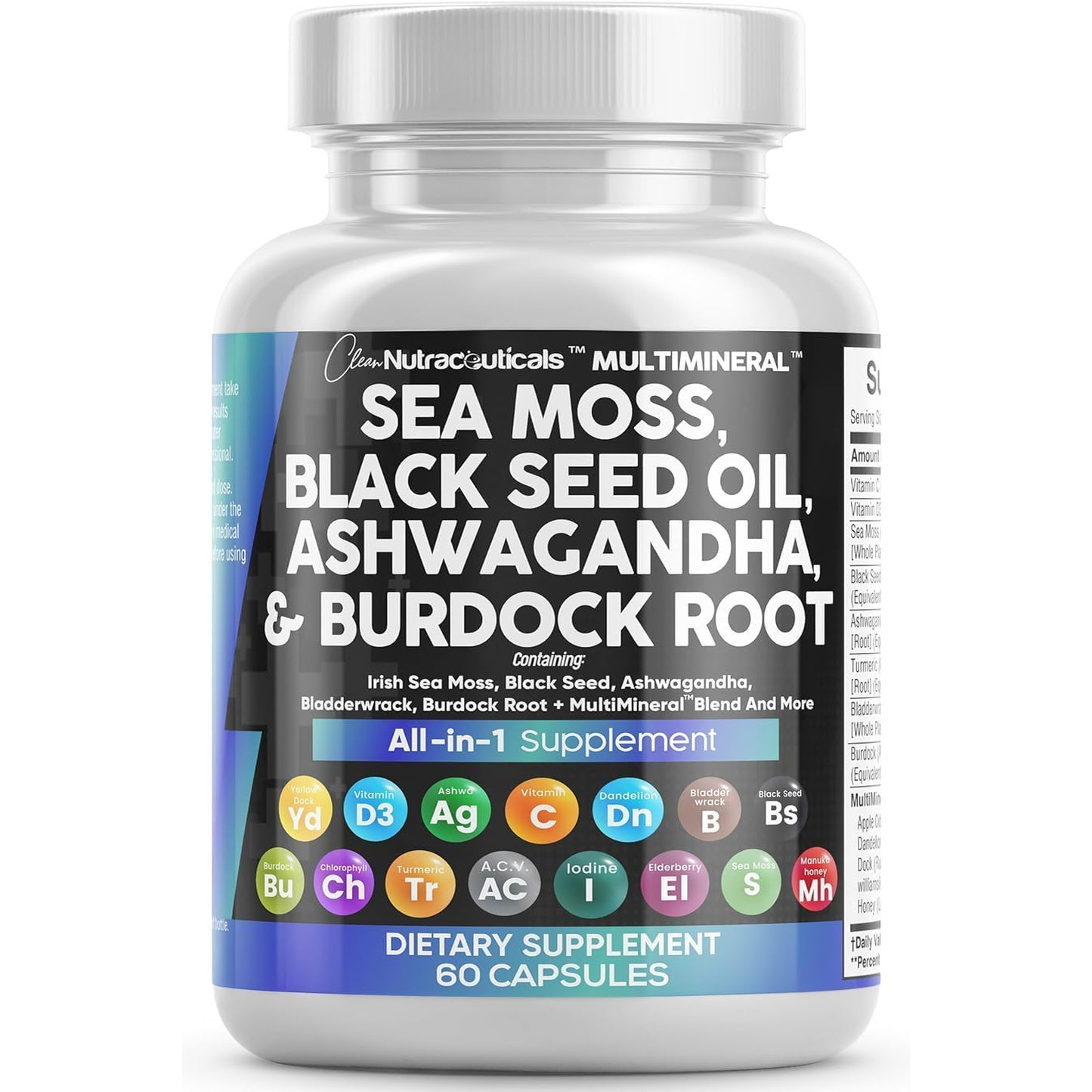 Sea Moss Black Seed Oil Ashwagandha Turmeric Bladderwrack Burdock & Vitamin C Vitamin D3 with Elderberry Manuka Dandelion Yellow Dock Iodine Chlorophyll ACV