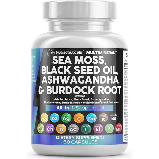 Sea Moss Black Seed Oil Ashwagandha Turmeric Bladderwrack Burdock & Vitamin C Vitamin D3 with Elderberry Manuka Dandelion Yellow Dock Iodine Chlorophyll ACV