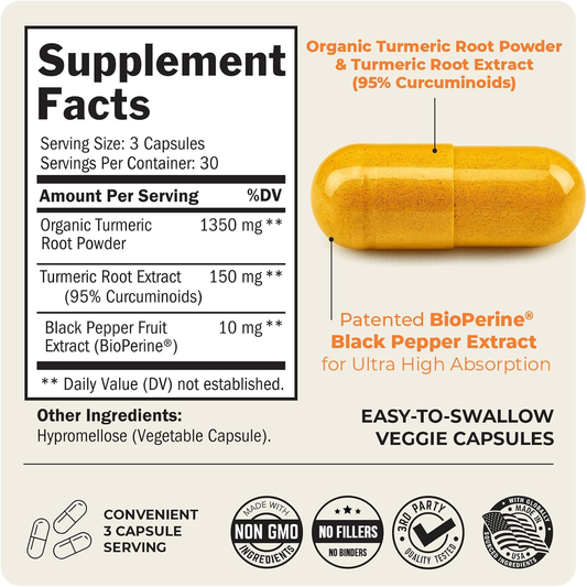 Turmeric Curcumin with Black Pepper Extract 1500Mg - High Absorption Ultra Potent Turmeric Supplement with 95% Curcuminoids and Bioperine - Non GMO Tumeric Capsules for Joint Support - 90 Capsules