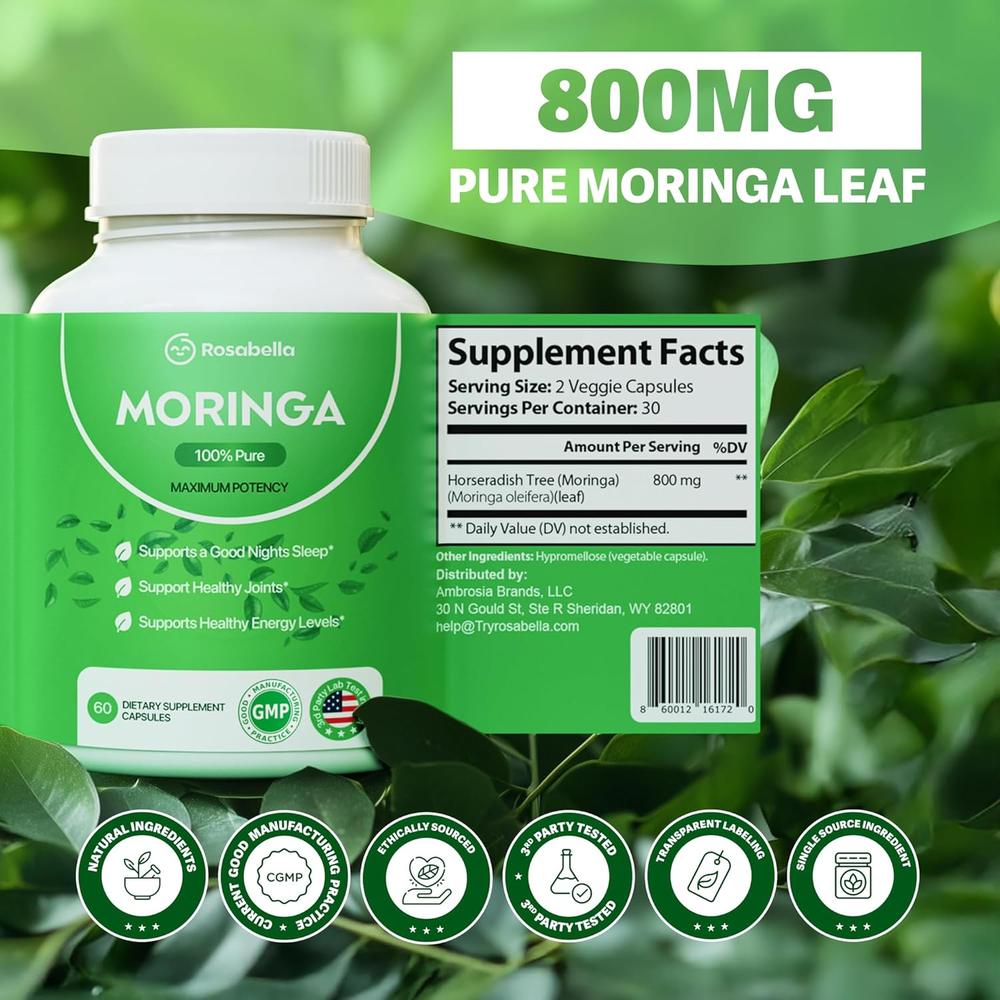 Moringa Capsules - Pure Moringa Powder, Energy, Skin, Immune & Gut Health Superfood, Rich in Antioxidants, Essential Vitamins & Amino Acids, Natural Green Superfood Supplement - 60 Count
