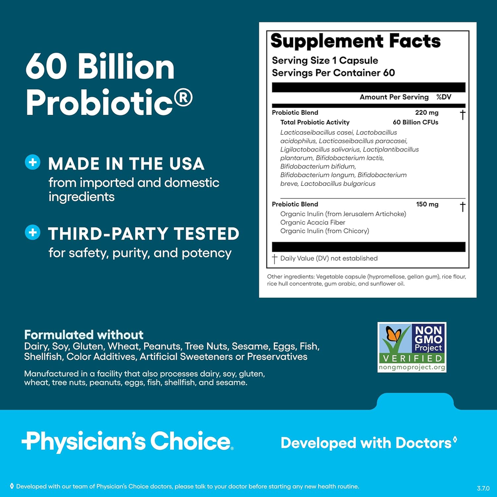 Probiotics 60 Billion CFU - 10 Strains + Organic Prebiotics - Immune, Digestive & Gut Health - Supports Occasional Constipation, Diarrhea, Gas & Bloating - for Women & Men - 60Ct