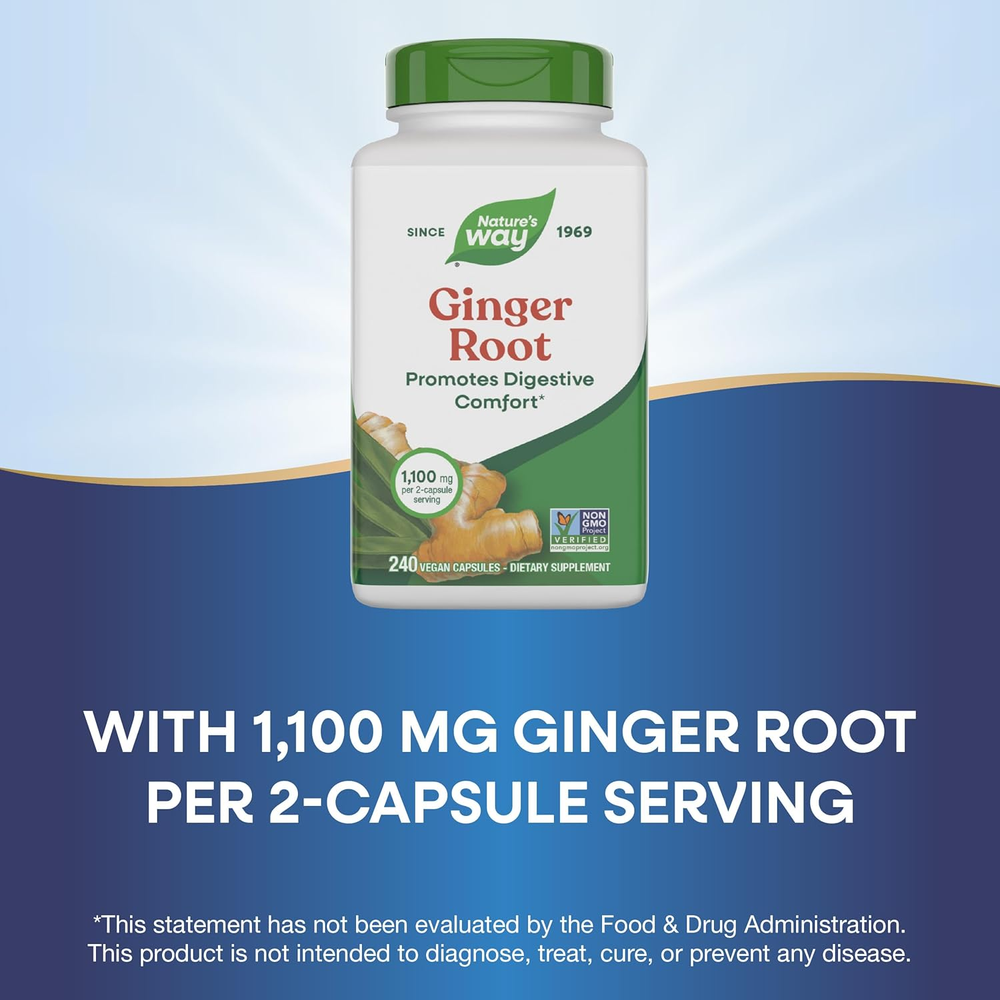 Ginger Root Capsules 550 Mg per Capsule, Digestive Comfort* Reduces Motion-Related Nausea*, 1,100 Mg per 2 Capsules, Non-Gmo Project Verified, Vegan, 240 Count