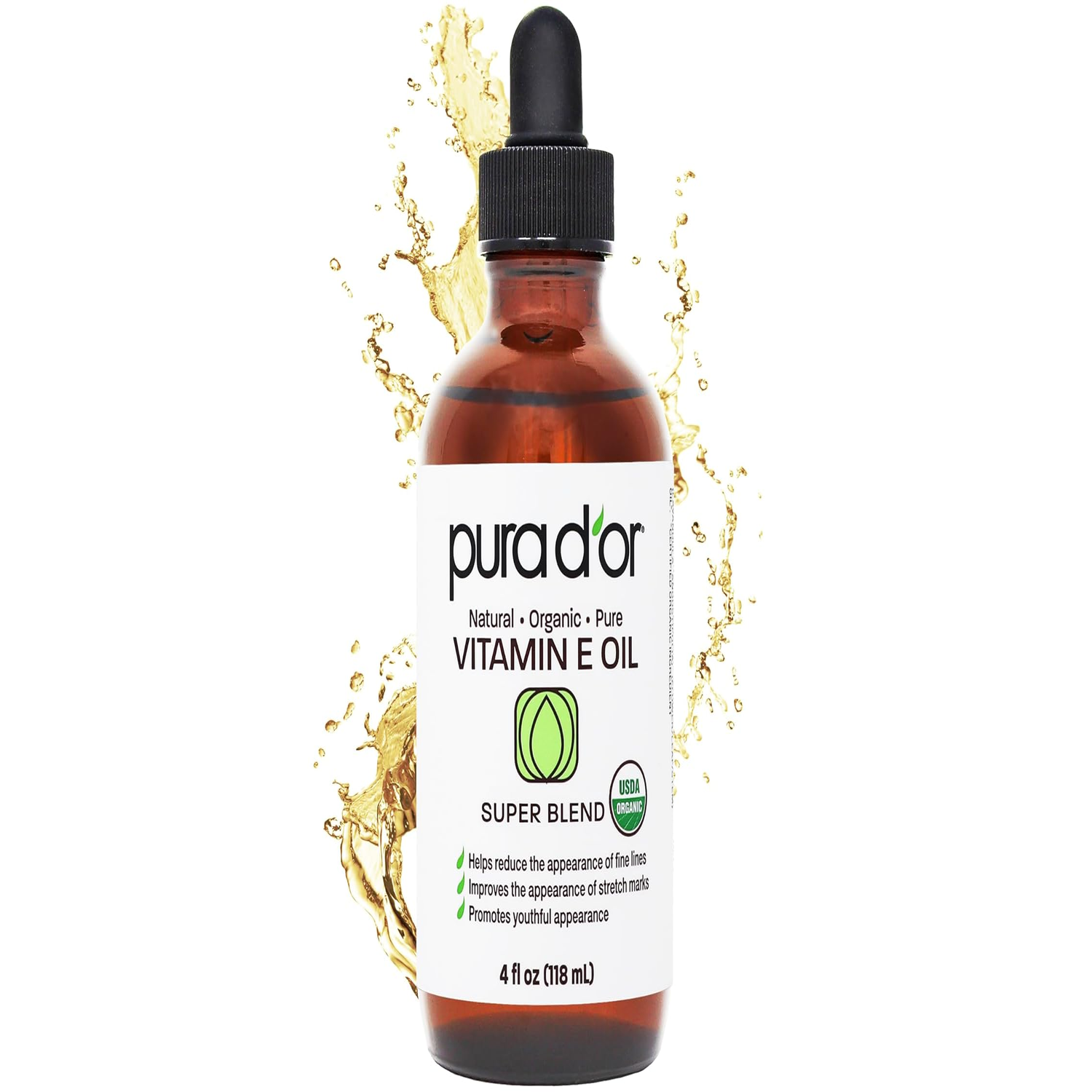 PURA D'OR 4 Oz Bath Oil for Scars, Skin, Face & Full Body ORGANIC Vitamin E Oil Blend - 100% Natural Hexane Free, Sweet Almond, Apricot, Jojoba, Argan, Rosehip, Sunflower & Avocado 