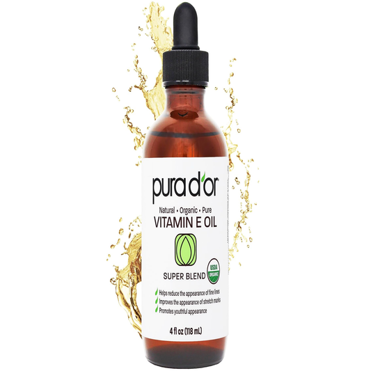 PURA D'OR 4 Oz Bath Oil for Scars, Skin, Face & Full Body ORGANIC Vitamin E Oil Blend - 100% Natural Hexane Free, Sweet Almond, Apricot, Jojoba, Argan, Rosehip, Sunflower & Avocado 