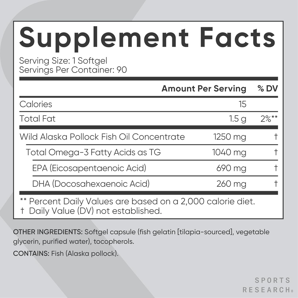 Triple Strength Omega 3 Fish Oil - Burpless Fish Oil Supplement W/Epa & DHA Fatty Acids from Single-Source Wild Alaskan Pollock - 1250 Mg, 90 Ct