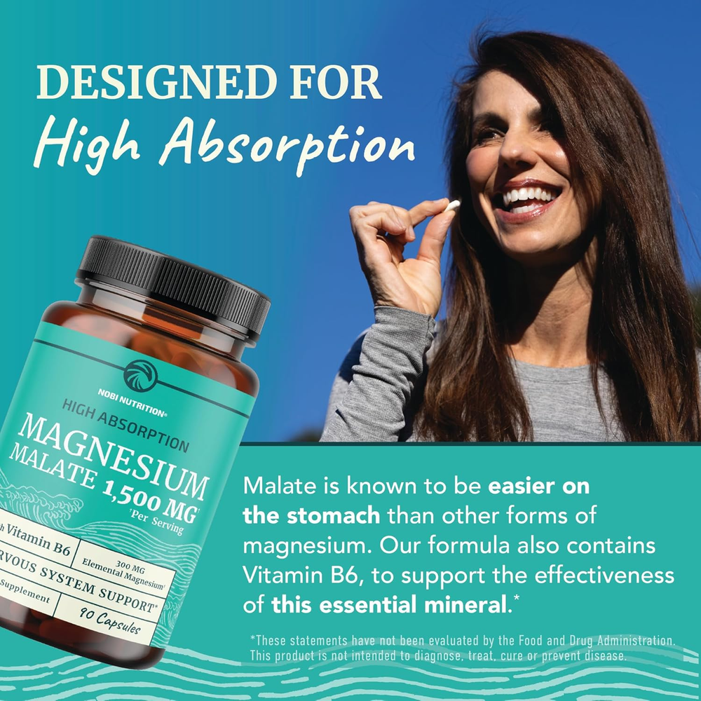 Magnesium Malate 1500MG | Energy & Nervous System Support | 300MG Elemental Mag per Serving | High Absorption Magnesium Malate Capsules with VIT B6 + Black Pepper | Non-Gmo | 90 Ct (1 Month Supply)