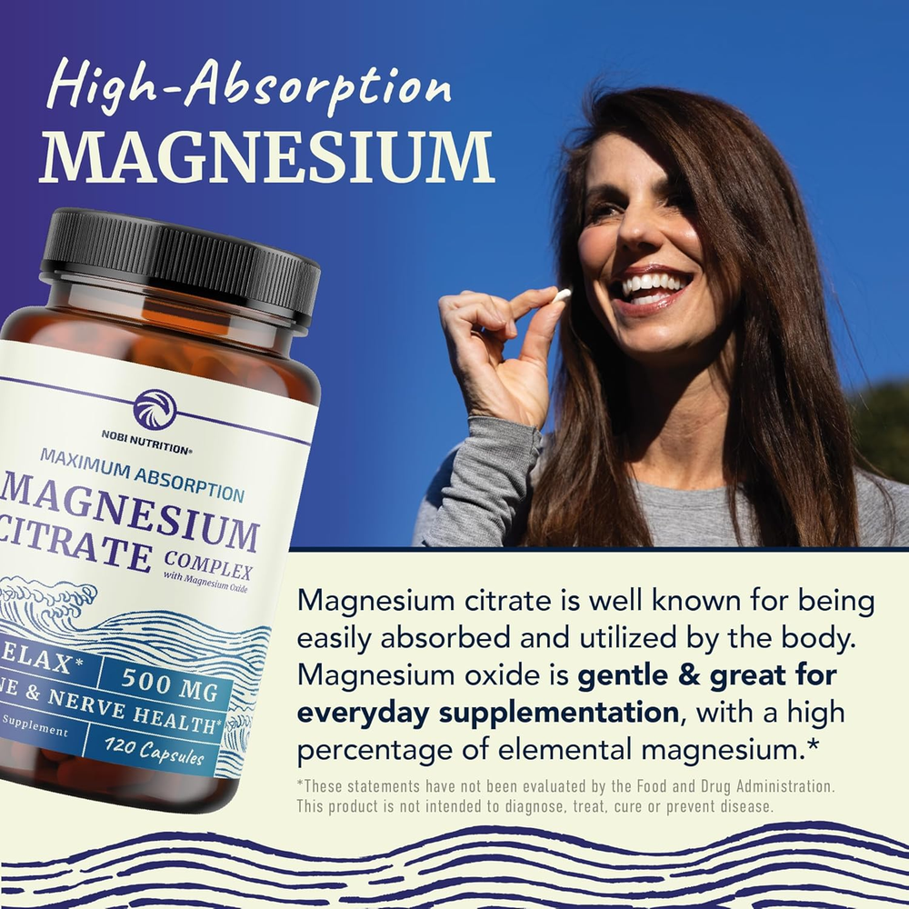 Magnesium Citrate 500 MG (120Ct) for Calm, Relaxation, Constipation & Digestion Support | High Absorption Magnesium Supplement with Elemental Mag Oxide | Gluten-Free, Soy-Free | 4-Month Supply