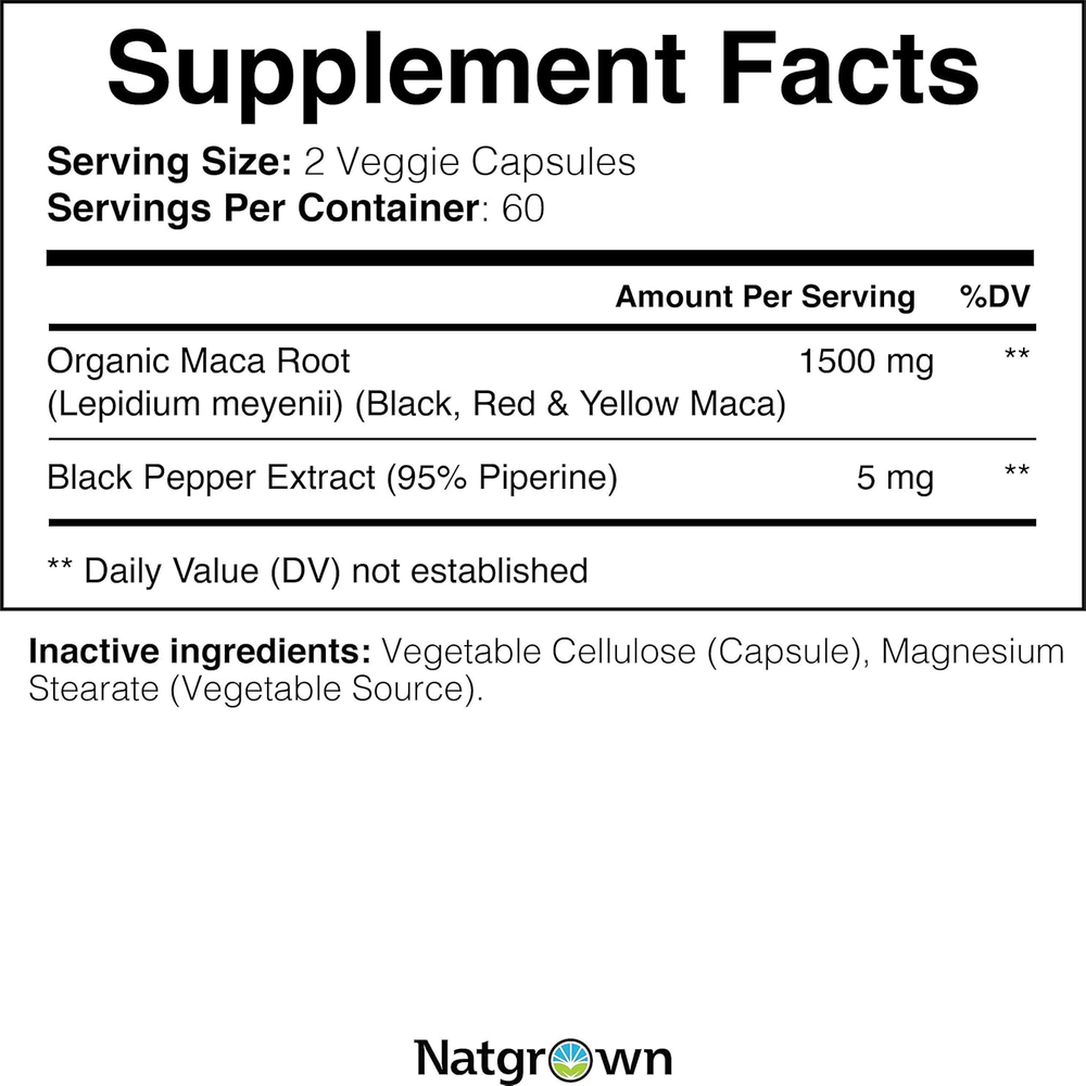 Organic Maca Root Powder Capsules 1500 Mg with Black + Red + Yellow Peruvian Maca Root Extract Supplement for Men and Women - Vegan Pills