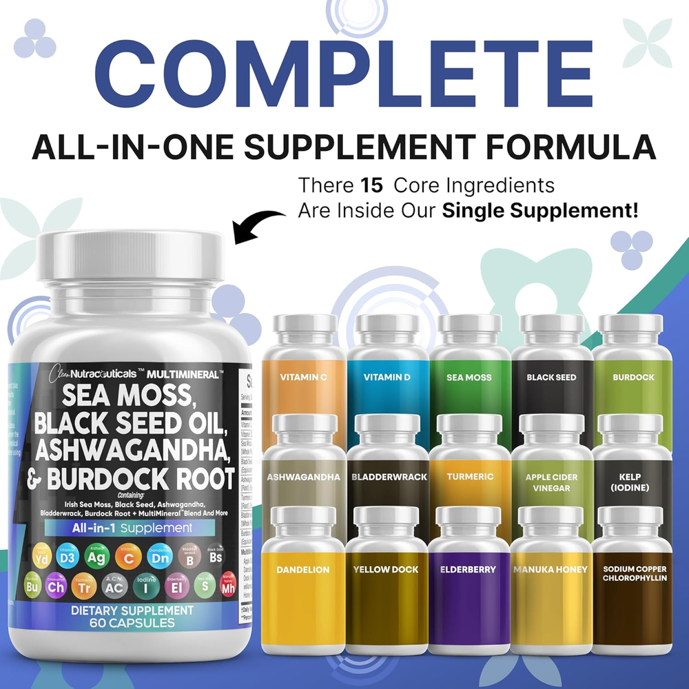Sea Moss Black Seed Oil Ashwagandha Turmeric Bladderwrack Burdock & Vitamin C Vitamin D3 with Elderberry Manuka Dandelion Yellow Dock Iodine Chlorophyll ACV