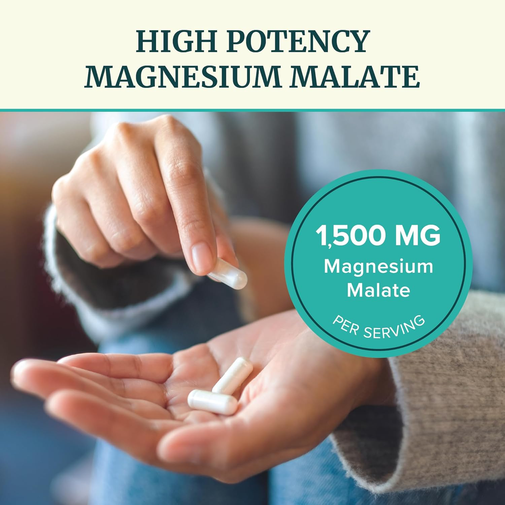 Magnesium Malate 1500MG | Energy & Nervous System Support | 300MG Elemental Mag per Serving | High Absorption Magnesium Malate Capsules with VIT B6 + Black Pepper | Non-Gmo | 90 Ct (1 Month Supply)