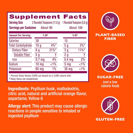 Metamucil 4-In-1 Psyllium Husk Fiber Supplement, Sugar-Free, 180 Teaspoons, Orange Flavored, Daily Fiber Powder for Digestive Health, Made with Plant-Based Psyllium Husk Fiber