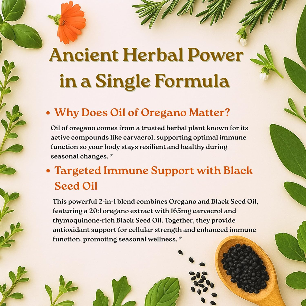 Oil of Oregano Softgels, 300 Count | 2 in 1 Formulated with Black Seed Oil, 4X Strength Carvacrol & Thymoquinone | Plant Based, Non-Gmo, & Immune Support