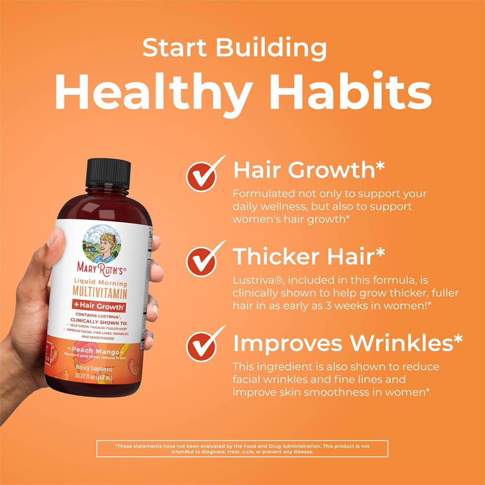 Maryruth'S Liquid Multivitamin + Hair Growth | Biotin 10000Mcg | Lustriva Hair Growth Supplement | Clinically Tested in Women for Thicker Hair & Facial Wrinkles | Skin Care | Ages 18+ | 15.22 Fl Oz