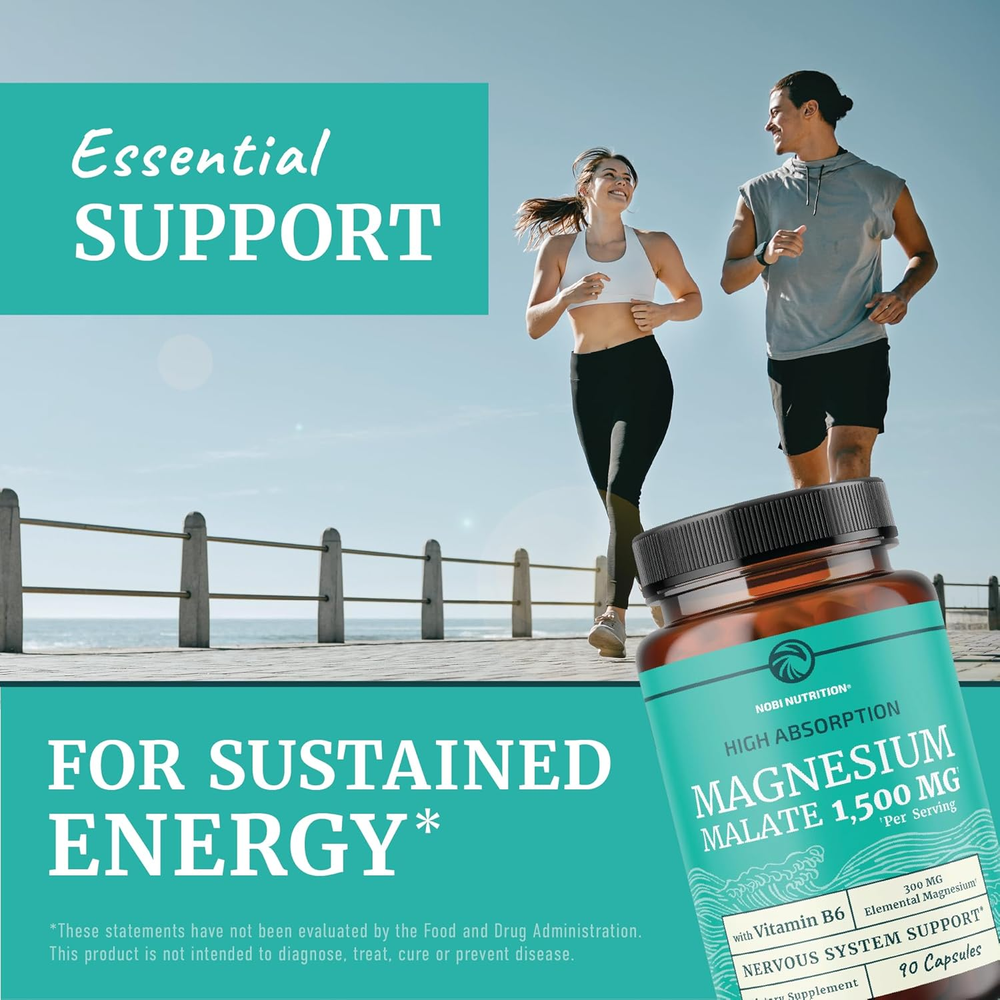 Magnesium Malate 1500MG | Energy & Nervous System Support | 300MG Elemental Mag per Serving | High Absorption Magnesium Malate Capsules with VIT B6 + Black Pepper | Non-Gmo | 90 Ct (1 Month Supply)