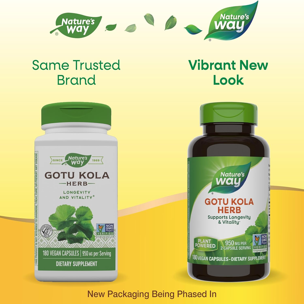 Gotu Kola Herb, Supports Longevity and Vitality*, 950 Mg per 2-Capsule Serving, Non-Gmo Project Verified, 180 Capsules 