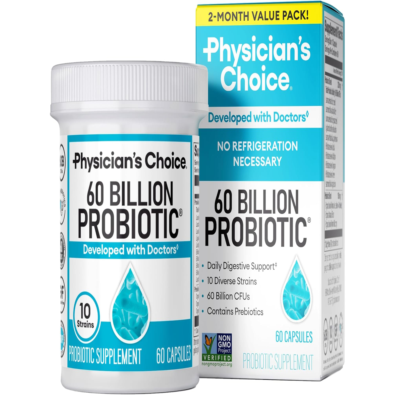 Probiotics 60 Billion CFU - 10 Strains + Organic Prebiotics - Immune, Digestive & Gut Health - Supports Occasional Constipation, Diarrhea, Gas & Bloating - for Women & Men - 60Ct