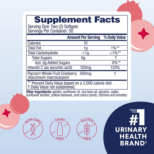 Cranberry Supplement, Made with Concentrated Whole Fruit Cranberry Powder to Help Cleanse and Protect the Urinary Tract*, Sugar Free Cranberry Pills, Non-Gmo, 100 Softgels