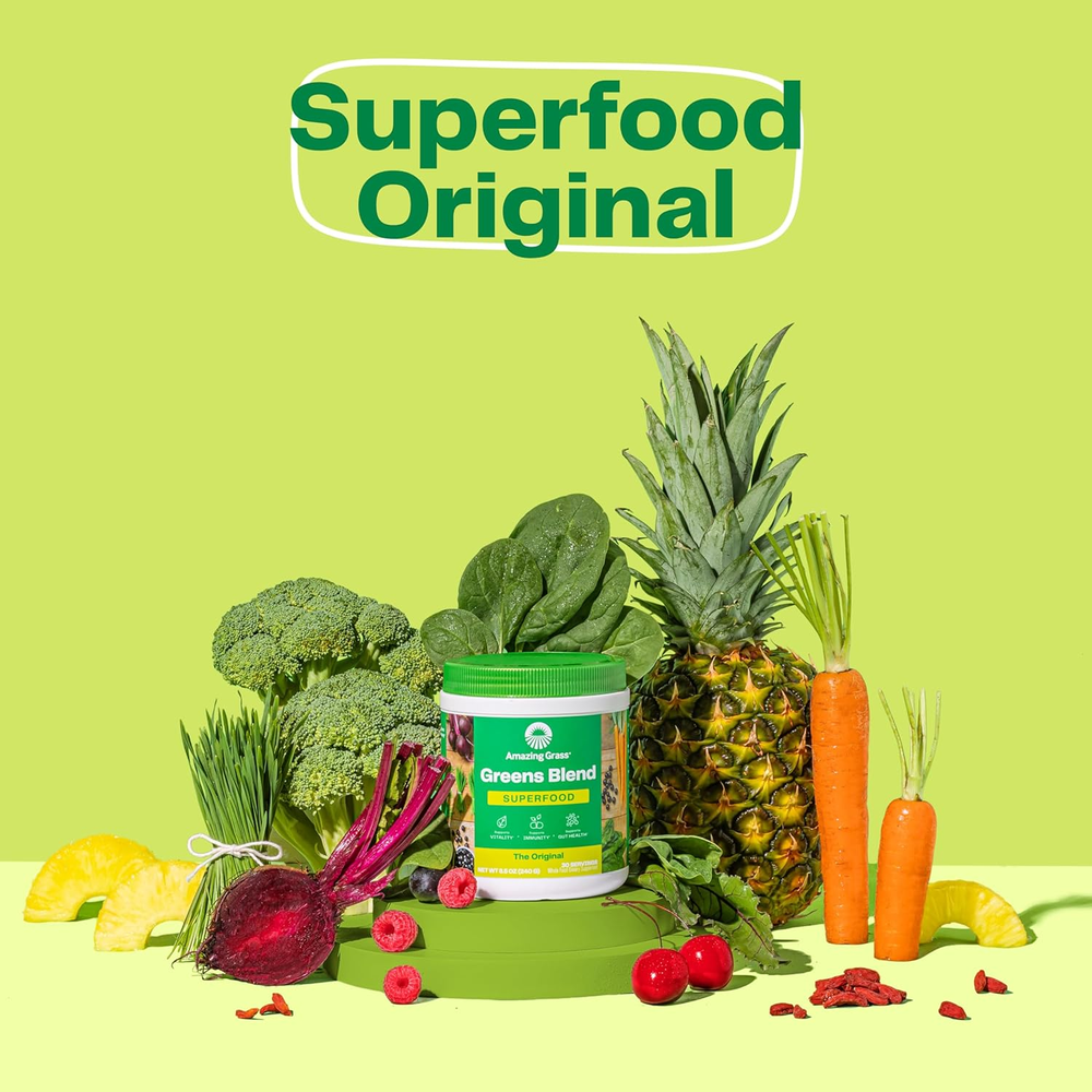 Greens Blend Superfood: Greens Powder Mix for Energy, with Organic Spirulina, Chlorella, Beet Root Powder, Digestive Enzymes & Probiotics, Original, 30 Servings 