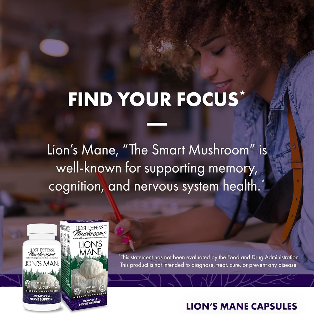 Mushrooms Lion'S Mane - Supplement Capsules for Brain Health Support - Mushroom Support for Focus & Memory Function - Immune & Nervous System Supplement - 60 Capsules (30 Servings)*