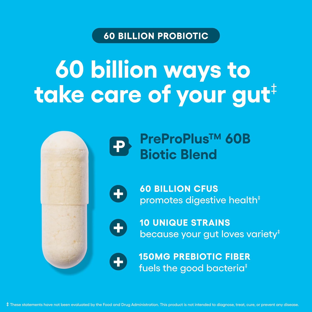 Probiotics 60 Billion CFU - 10 Strains + Organic Prebiotics - Immune, Digestive & Gut Health - Supports Occasional Constipation, Diarrhea, Gas & Bloating - for Women & Men - 60Ct