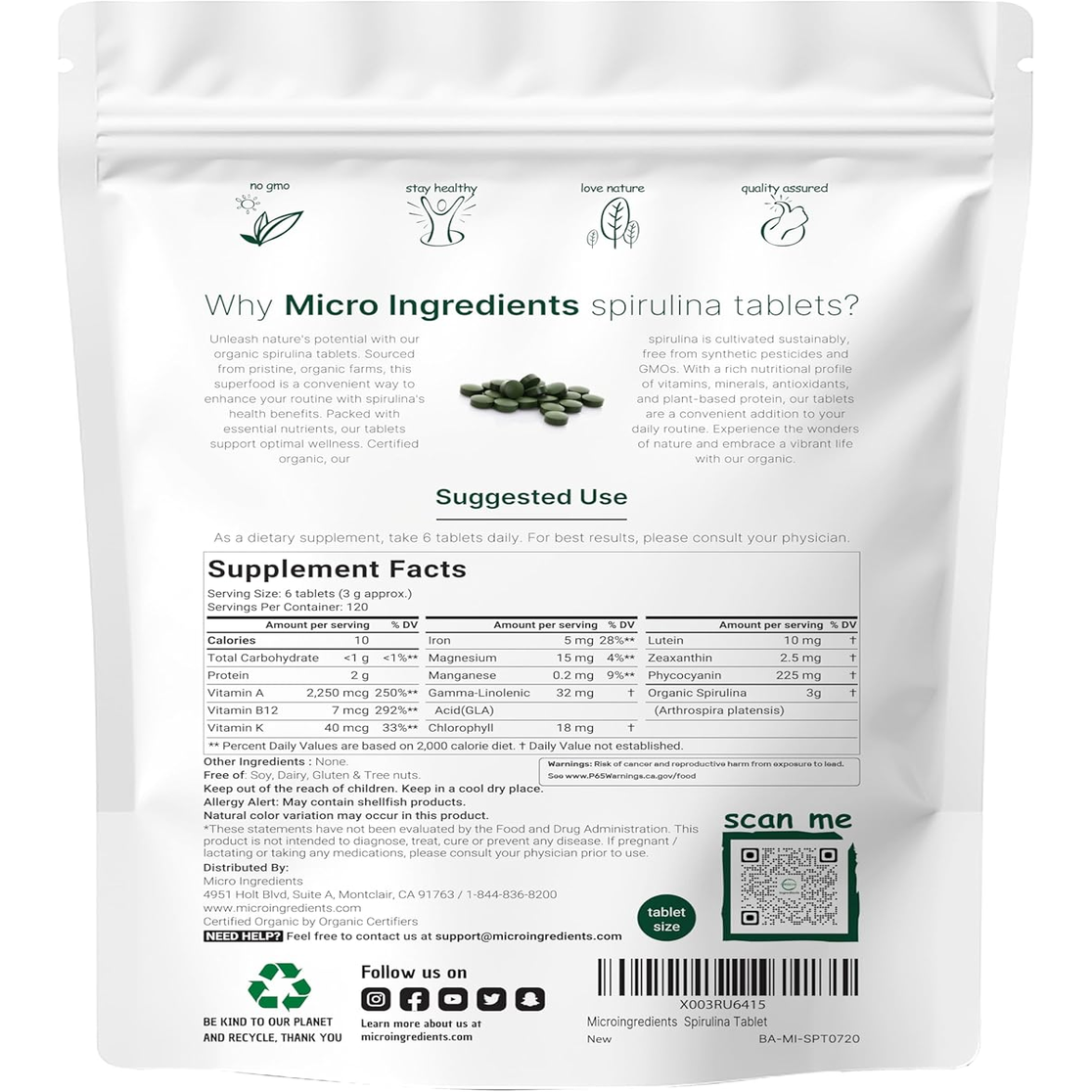 Organic Spirulina Supplement, 3000MG per Serving, 720 Tablets (4 Month Supply), No Filler & Non-Gmo, Rich in Vegan Protein, Vitamins & Prebiotics, Premium Spirulina Pills