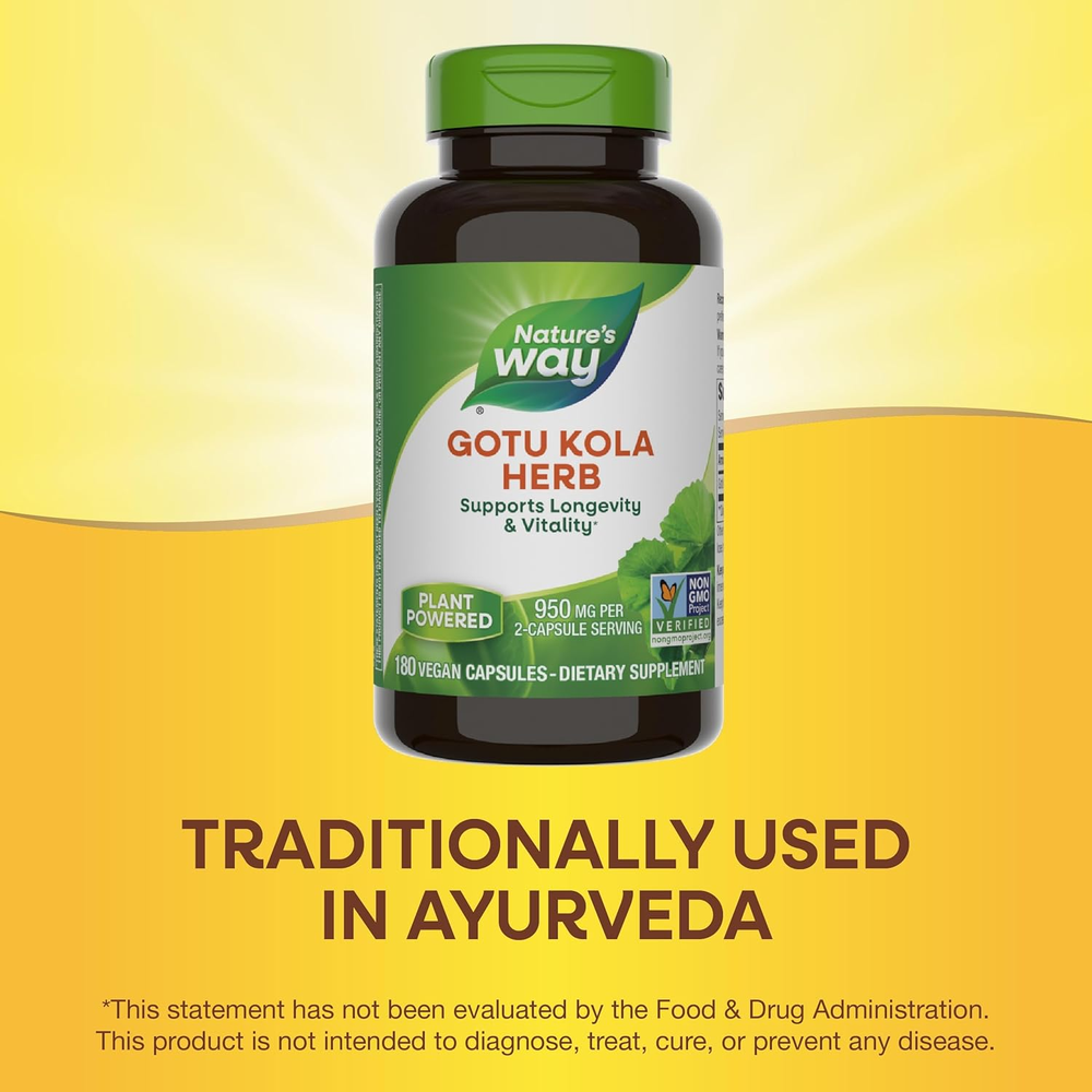 Gotu Kola Herb, Supports Longevity and Vitality*, 950 Mg per 2-Capsule Serving, Non-Gmo Project Verified, 180 Capsules 