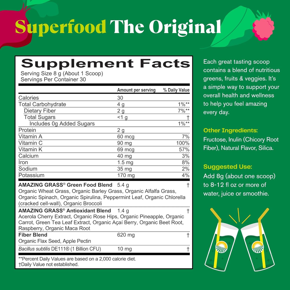 Greens Blend Superfood: Greens Powder Mix for Energy, with Organic Spirulina, Chlorella, Beet Root Powder, Digestive Enzymes & Probiotics, Original, 30 Servings 