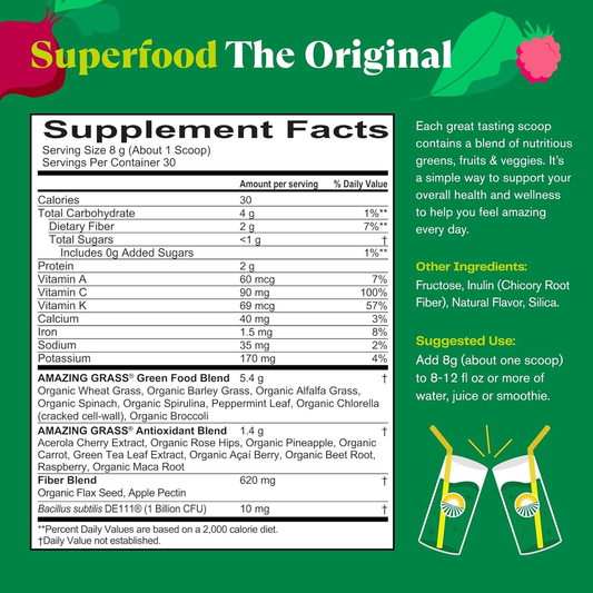 Greens Blend Superfood: Greens Powder Mix for Energy, with Organic Spirulina, Chlorella, Beet Root Powder, Digestive Enzymes & Probiotics, Original, 30 Servings 