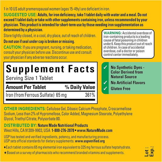Iron 65 Mg (325 Mg Ferrous Sulfate) Tablets, Dietary Supplement for Red Blood Cell Support, 180 Tablets, 180 Day Supply