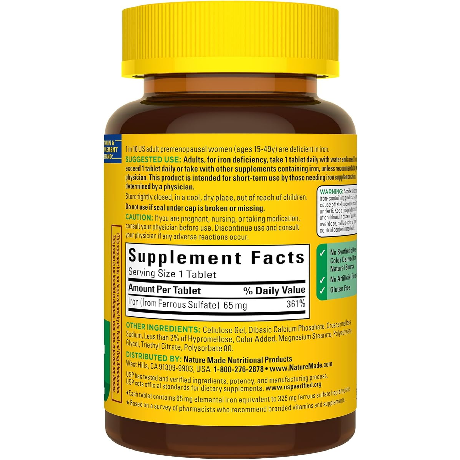 Iron 65 Mg (325 Mg Ferrous Sulfate) Tablets, Dietary Supplement for Red Blood Cell Support, 180 Tablets, 180 Day Supply