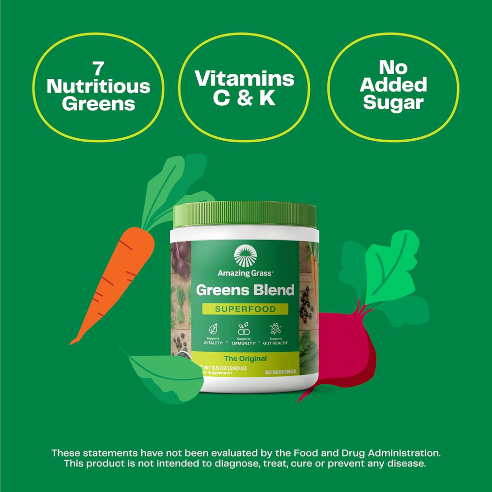Greens Blend Superfood: Greens Powder Mix for Energy, with Organic Spirulina, Chlorella, Beet Root Powder, Digestive Enzymes & Probiotics, Original, 30 Servings 