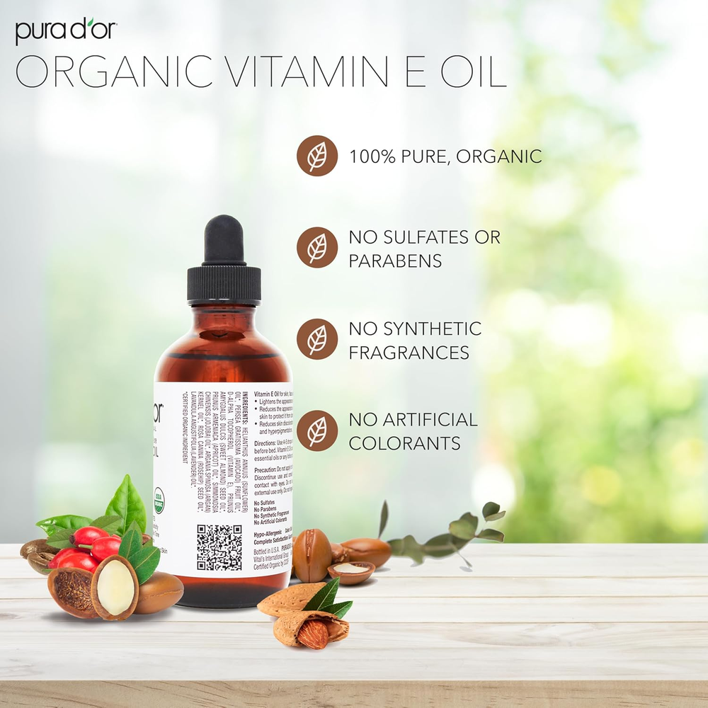 PURA D'OR 4 Oz Bath Oil for Scars, Skin, Face & Full Body ORGANIC Vitamin E Oil Blend - 100% Natural Hexane Free, Sweet Almond, Apricot, Jojoba, Argan, Rosehip, Sunflower & Avocado 