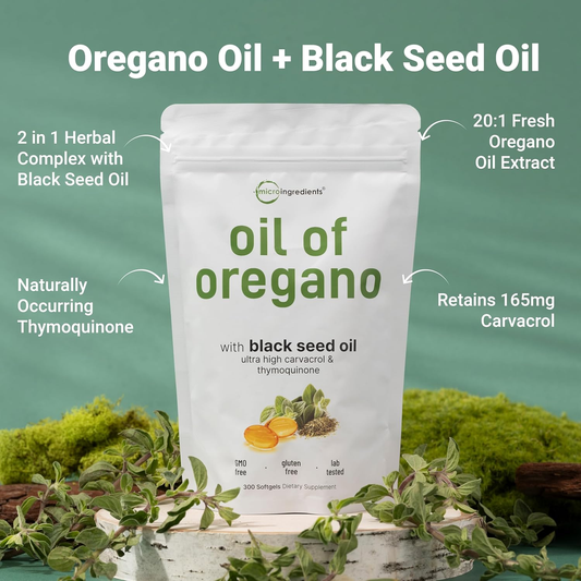 Oil of Oregano Softgels, 300 Count | 2 in 1 Formulated with Black Seed Oil, 4X Strength Carvacrol & Thymoquinone | Plant Based, Non-Gmo, & Immune Support